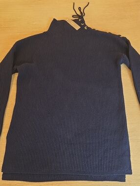 J. Crew Navy Ribbed Turtleneck Sweater with Lace-Up Shoulder